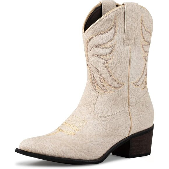 🆕 Women's White Snip Toe Western Ankle Boots Faux Leather Cowgirl Booties - Picture 1 of 6